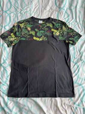 Urban Heritage Black Tee with Green Floral Yoke